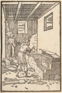 Nach dem Misserfolg wird der zerstörte Ofen abgerissen, Blatt 6 der Folge "De la Pirotechnia" von Domenico Beccafumi