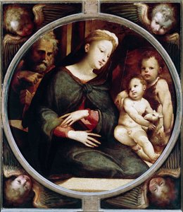Tondo umgibt Engel mit Heiliger Familie mit dem Kind Johannes dem Täufer