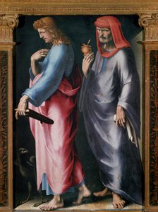 Triptychon der Dreifaltigkeit, Detail rechtes Panel (Heiliger Johannes der Evangelist und Heiliger Damian) von Domenico Beccafumi