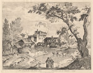 Rustikales Dorf entlang eines Flusses mit Reisenden von Domenico Bernardo Zilotti
