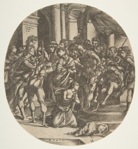 Weibliche Figur, die heilige Katharina kniet auf dem Boden und fleht eine männliche Figur an, 1517 von Domenico Campagnola