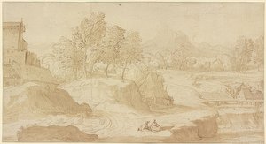 Figürliche Landschaft, rechts ein Fluss mit einer Brücke bei Mühlen, vorn zwei sitzende Figuren von Domenico Campagnola