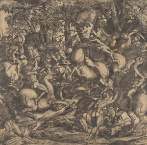 Gruppe nackter Männer im Kampf in einer bewaldeten Landschaft, einige zu Pferd, ein Hund von Domenico Campagnola