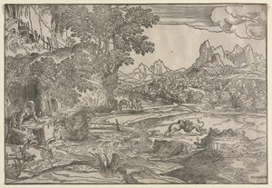 Landschaft mit Heiligem Hieronymus und zwei Löwen