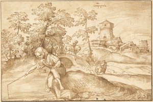 Landschaft mit einem Jungen beim Angeln von Domenico Campagnola