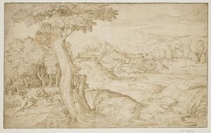 Landschaft mit einer Stadt und einem schlafenden Hirten