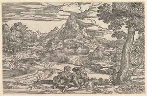 Landschaft mit einer sitzenden Frau neben einem Mann, der eine Drehleier spielt, ca. 1540