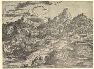 Landschaft mit Familie, die im Vordergrund spazieren geht, links zwei Figuren, ca. 1535-40 von Domenico Campagnola