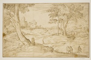 Landschaft mit Pilgern, die sich einer Kirche nähern von Domenico Campagnola