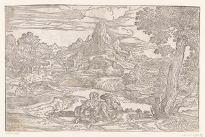 Landschaft mit Paar mit einer Drehleier