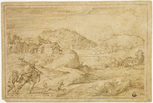 Flusslandschaft mit dem heiligen Rochus und einem Kind, das mit einem Hund reist von Domenico Campagnola