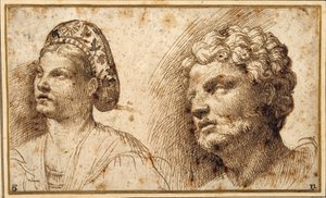 Studie des Kopfes und der Schultern einer jungen Frau mit Balza und des Kopfes eines bärtigen Mannes von Domenico Campagnola