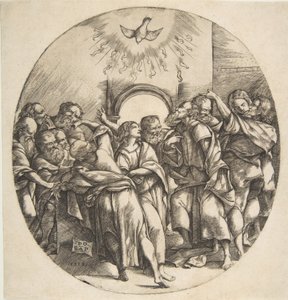 Der Heilige Geist als Vogel, der mit ausgebreiteten Flügeln herabsteigt, die zwölf Apostel ..., 1518