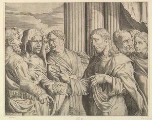 Das Tributgeld: Christus in der Mitte rechts, der einem Mann zu seiner Linken mit Münzen gestikuliert, ca. 1564-89 von Domenico Campagnola