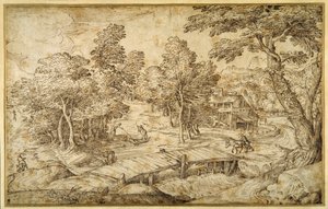 Waldlandschaft mit einem Bauernhof und einer Holzbrücke über eine Schleuse von Domenico Campagnola