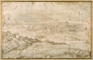 Waldlandschaft mit einem gewundenen Fluss; in der Ferne eine Stadt, eine Mischung aus Türmen und Kuppeln mit antiken Ruinen von Domenico Campagnola