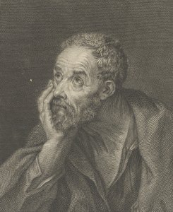 Ein alter bärtiger Mann, der seinen Kopf auf seine rechte Hand stützt und nach links oben schaut, nach..., 1775 von Domenico Cunego