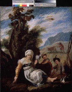 Adam und Eva, Adam arbeitet auf dem Feld und abends mit ihren zwei Kindern Abel und Kain von Domenico Fetti or Feti
