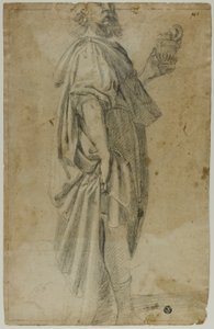 Stehender Magus (recto); Skizze von Stall und Bäumen (verso)