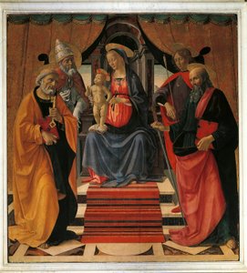 Heilige Konversation. Die Jungfrau Maria und Jesus Christus umgeben von St. Peter, St. Paul, St. Sebastian und Papst St. Clemens (Gemälde) von Domenico Ghirlandaio