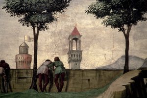 Männer, die über eine Mauer schauen, aus der Visitation von Domenico Ghirlandaio