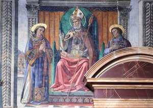 St. Zenobius, Bischof und Schutzpatron von Florenz, zwischen den Heiligen Eugen und Crescenzio und Marzocco, dem Löwen, Symbol der Stadt von Domenico Ghirlandaio (1449-1494), Fresko, Detail, Palazzo Vecchio, Saal der Lilien (Sala dei Gigli), Florenz