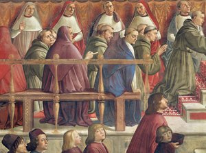 Die Genehmigung des Ordens durch Papst Honorius III., Szene aus dem Leben des hl. Franz von Assisi (Detail) von Domenico Ghirlandaio