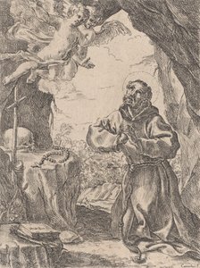 Heiliger Franz von Assisi, kniend vor einem Kruzifix mit zwei Engeln oben links, 1643-44