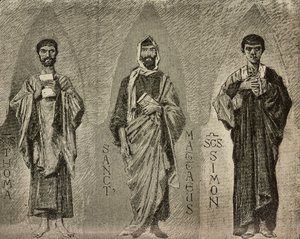 Heilige Thomas, Matthäus und Simon, Kartons von Domenico Morelli für Mosaik in der Kathedrale von Amalfi, Italien, Zeichnung von P. Scoppetta, Gravur aus L