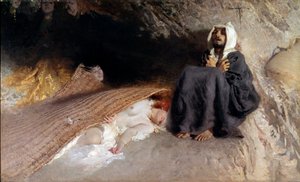 Die Versuchung des Heiligen Antonius. Der Einsiedler Antonius der Große wird im Wüstensand von jungen Frauen in Versuchung geführt. Gemälde von Domenico Morelli (137x225 cm) Rom, Galleria d
