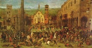 Vertreibung der Bonacolsi durch Louis Gonzaga im Jahr 1328, auf der Piazza Sordello, Mantua von Domenico Morone