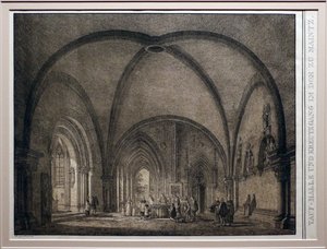 Domenico Quaglio II, Taufbecken und Kreuzgang der Kathedrale von Mainz, aus der Sammlung bemerkenswerter mittelalterlicher Gebäude Deutschlands, 1823, Lithographie