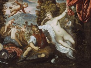Venus und Mars mit Amor und den drei Grazien in einer Landschaft