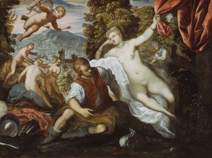 Venus und Mars mit Amor und den drei Grazien in einer Landschaft
