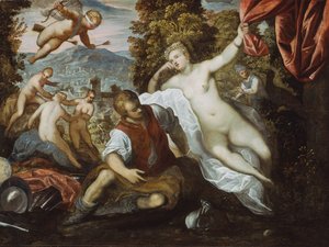 Venus und Mars mit Amor und den drei Grazien in einer Landschaft, 1590-95