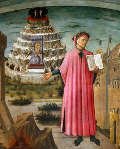 Dante Alighieri hält sein Gedicht die Göttliche Komödie. Neben ihm die Hölle und die Stadt Florenz, im Hintergrund das Fegefeuer und das Paradies