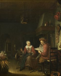 Innenraum mit einem lesenden Mann und einer Garn spinnenden Frau von Domenicus van Tol