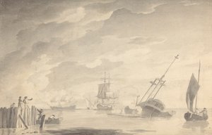 Kampfszene, drei Schlachtschiffe, eines sinkt; Figuren links in Ruderboot und auf Steg stehend von Dominic Serres