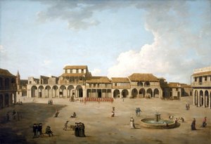 Havanna-Platz (Kuba), August und September 1762, unter britischer Besatzung mit einer Truppe von Soldaten in roten Uniformen, Beschreibung der Gebäude und einige englische Matrosen in der Nähe des Brunnens von Dominic Serres