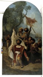 Der Navigator Christoph Kolumbus (Cristoforo Colombo, Cristobal Colon) (1451-1506) bei seiner Ankunft in der Neuen Welt im Jahr 1492