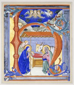 Illuminierte historiierte Initiale "N", die eine Geburtsszene darstellt, 1410