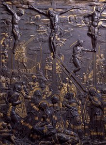 Kreuzigung Christi, ca. 1465, von Donatello (ca. 1386-1466), damaszierter Bronzereflief, 93x70 cm, Italien