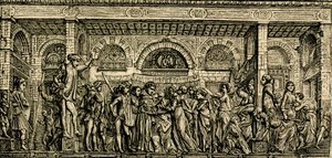 Wunder des sprechenden Neugeborenen, Altar des Heiligen Antonius, Bronze-Relief von Donatello, Basilika des Heiligen Antonius von Padua, Padua, Venetien, Italien, Holzschnitt aus Le cento città d