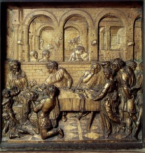 Das Bankett von Herodes Antipas II (21 v. Chr.-39 n. Chr.). Detail des unteren Reliefs des Taufbeckens von Donato di Niccolò di Betto Bardi, genannt Donatello (1386-1466)