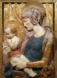 Jungfrau und Kind, ca. 1440, von Donatello (ca. 1386-1466), bemaltes und vergoldetes Terrakotta-Relief von Donatello