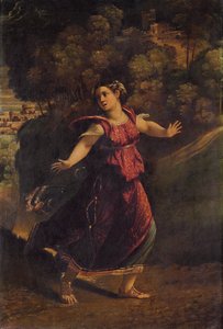 Eine Frau flieht auf einem bewaldeten Pfad, ca. 1520er Jahre