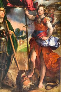 Madonna mit Jesuskind und St. Georg und Erzengel Michael (Detail), ca. 1518 von Dosso Dossi