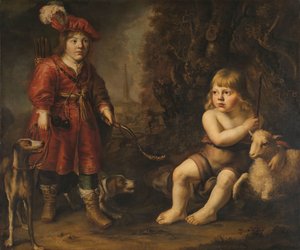 Porträts von zwei Jungen in einer Landschaft, einer als Jäger verkleidet, der andere als Johannes der Täufer
