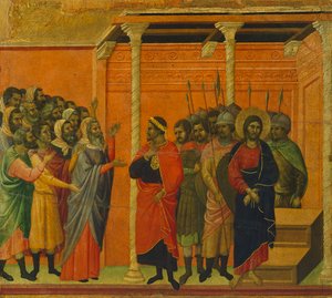 Altarbild: Christus wird von den Pharisäern angeklagt, Detail einer Kachel aus den Geschichten von Christi Passion und Auferstehung, Rückseite der Maestà im Dom von Siena