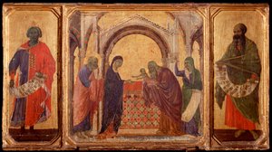 Leben Christi: König Salomo, die Darstellung im Tempel, Maleachi. Predella von La Maestà von Duccio di Buoninsegna